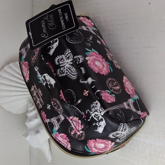 Emma & Chloe Black & Pink Floral & Paris Themed Women's Make-up Bag - Picture 5 of 13